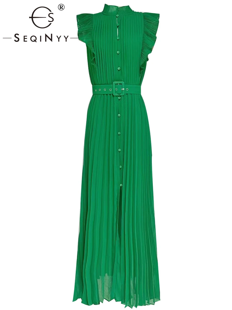 SEQINYY Elegant Midi Dress Summer Spring New Fashion Design Women Runway High Street Ruffles Pleated Belt Slim Sleeveless