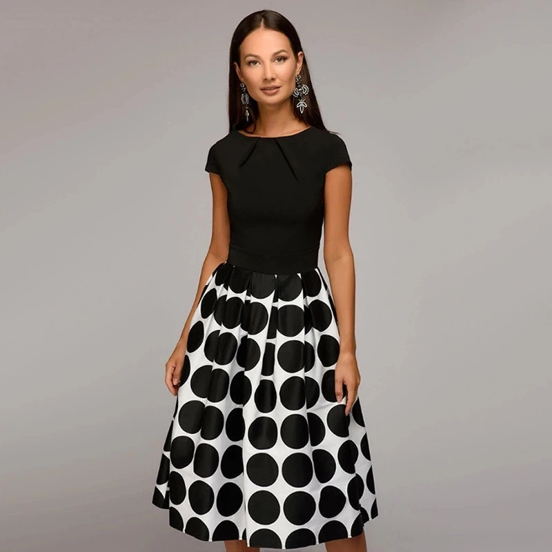 

2023 Vintage Women Wave Point Dress Hot Sale Short Sleeve Patchwork A-line Short Dress Casual Women Vestidos Summer Autumn