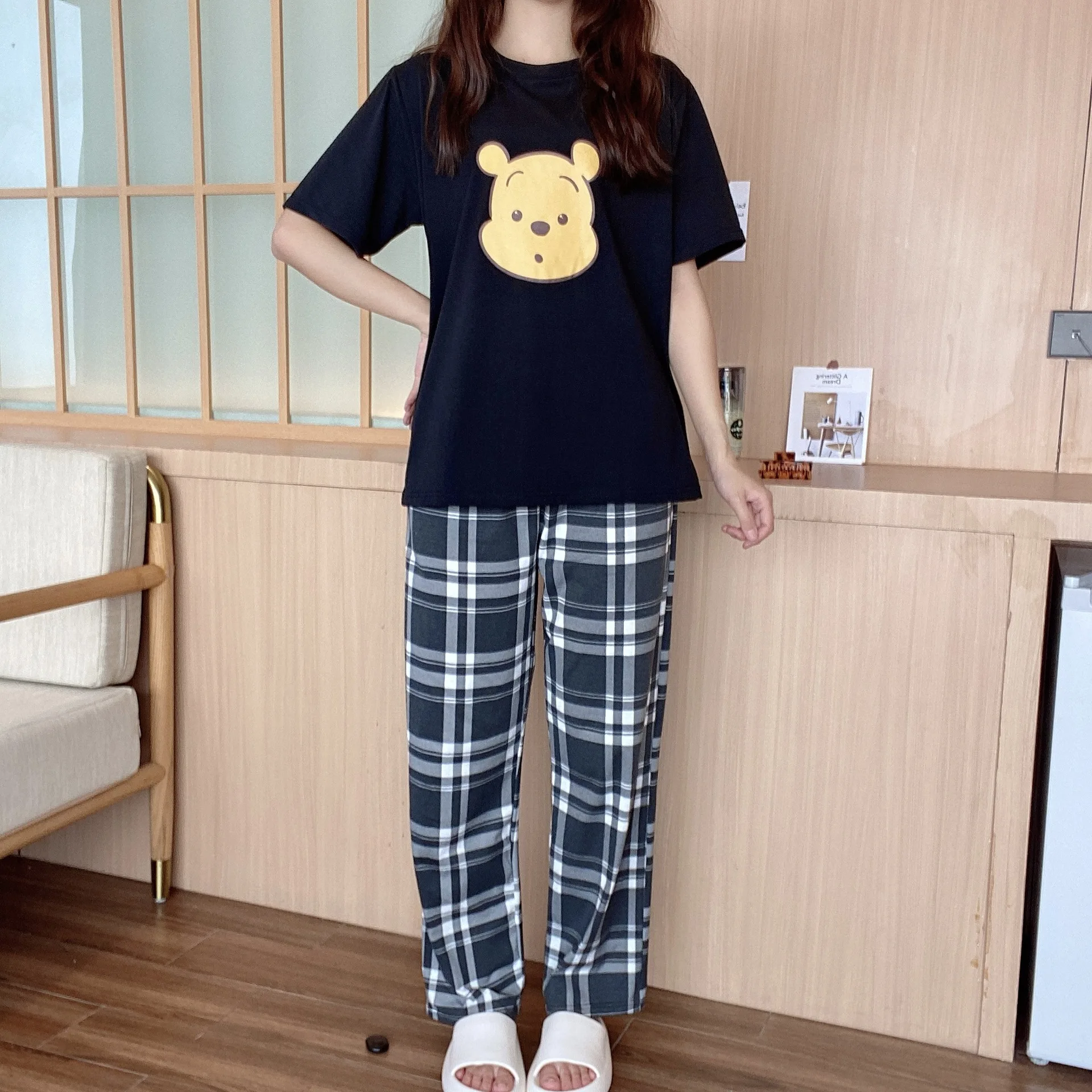 Spring New Pijamas Cartoon Tops with Pants Plaid Fashion Pajama for Women Ladies Japan Style Homesuits Round Neck Anime Pyjama