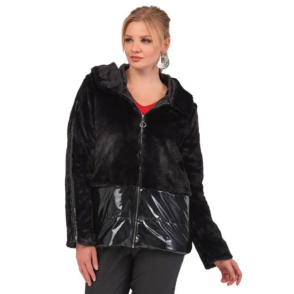 

Fierte Women Large Size Coat Lm56070 Hooded Zipper Closure Lining Pocket Plush Fur Winter Thick White Tan Black