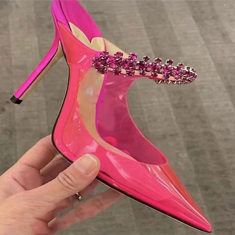 High-heeled ladies sandals 2023 spring and summer new Baotou pointed rhinestone chain fashion banquet stiletto mules