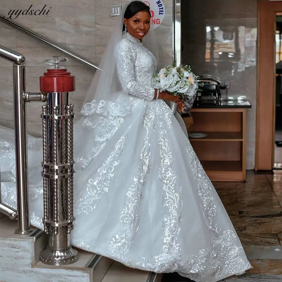 Купи Elegant White Long Sleeves Muslim Ball Gown Wedding Dresses 2023 High Neck Lace Appliques African Bridal Gowns Vestidos De Novia за 8,719 рублей в магазине AliExpress