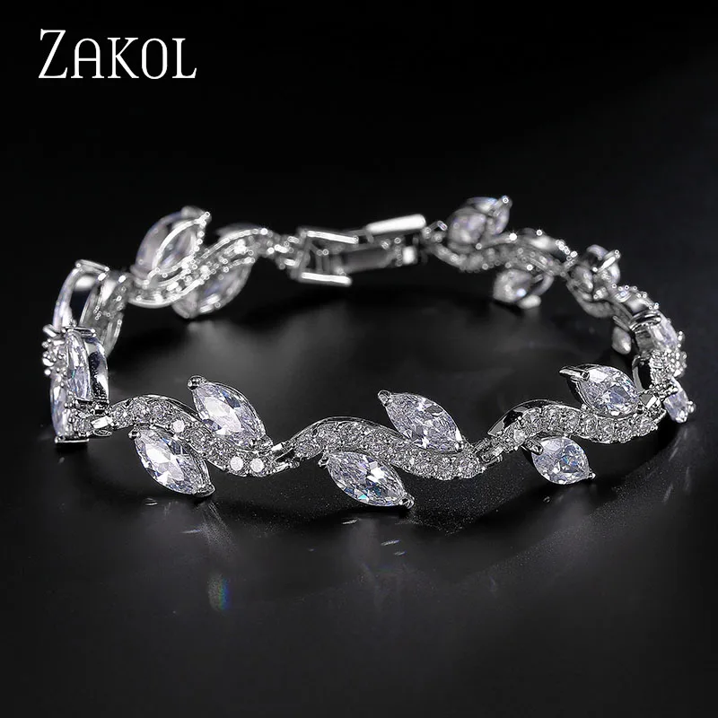 

ZAKOL Sparkling! White Color High Quality AAA+ CZ Zirconia Strand Tennis Bracelet for Women Fashion Leaf Summer Jewelry FSBP066