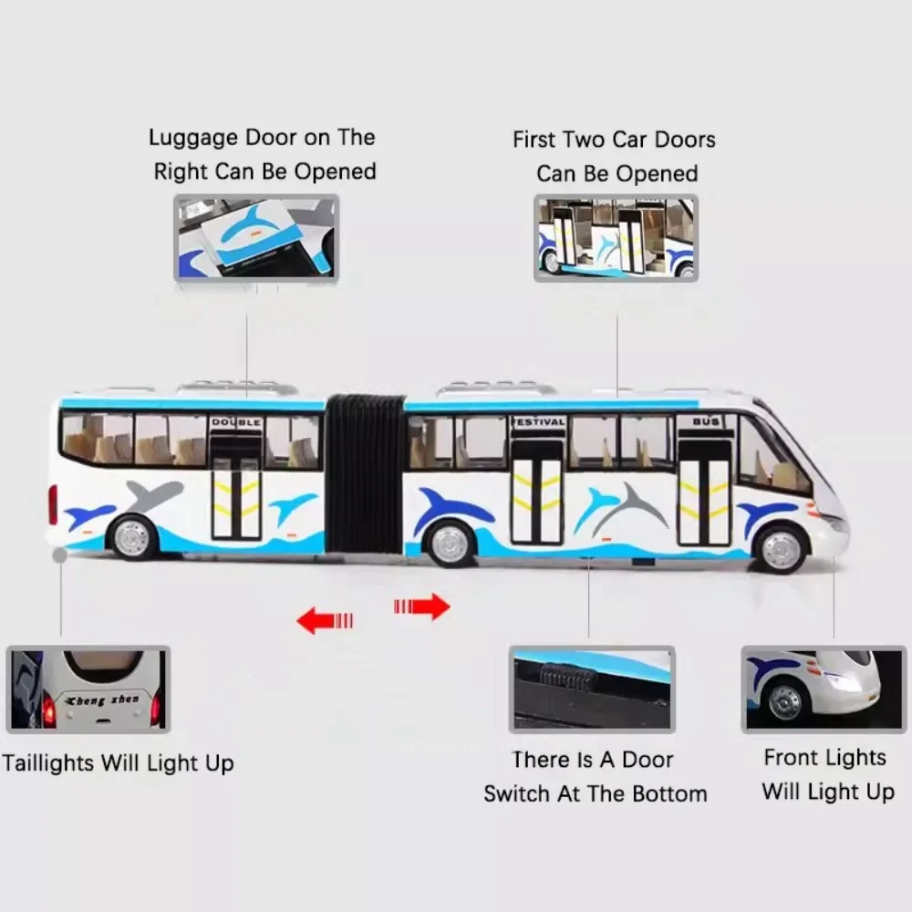 Duży rozmiar 1:32 Samochody ze stopu aluminium Elektryczne turystyczne modele autobusów miejskich Zabawka Dwuczęściowy autobus Dźwięk Światło