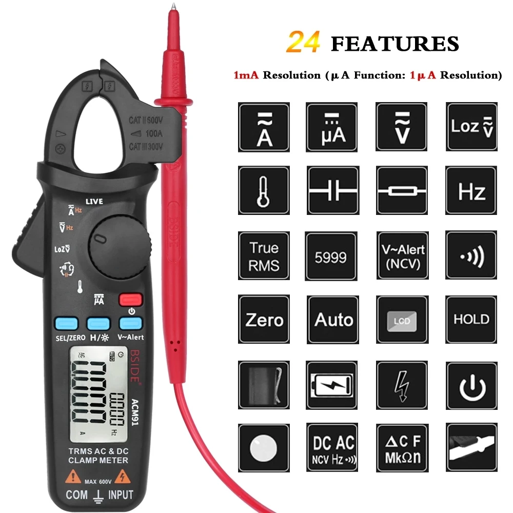 

New Auto Range Clamp Digital Ammeter Clamp Meter True RMS DC AC Multimeter Car Repair Current Volt Temp Capacitor Ohm Hz Tester