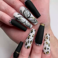 24pcs butterfly fake long nails tips black press on nails coffin full cover ballerina wearable design false nail with diamond