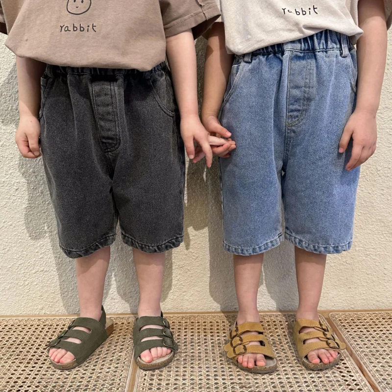 

Summer children's denim shorts girls solid color casual denim shorts boys casual all-match knee length pants