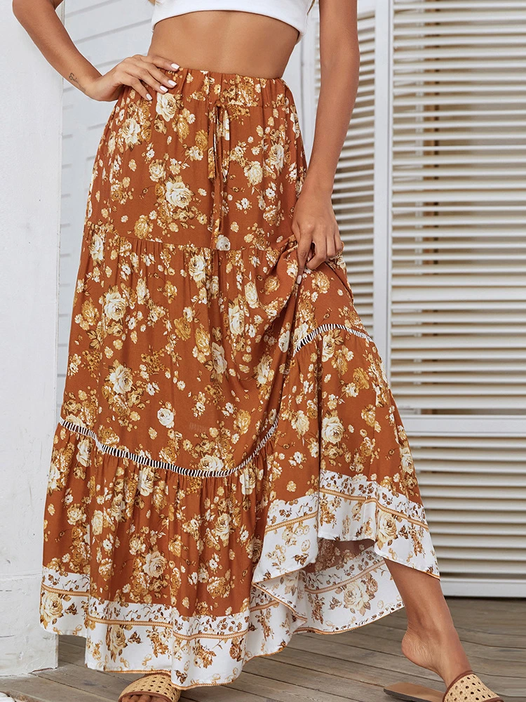 

Women Summer Print Floral Maxi Long Skirt Elegant Casual Fashion Office Lady Streetwear Cut Out High Waist Lace Up Skirt 2023
