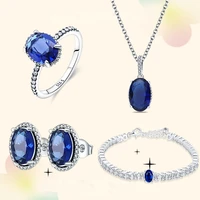 hot sale s925 silver charm blue gem collection necklace earrings bracelet diy eternal shine jewelry set gifts for women
