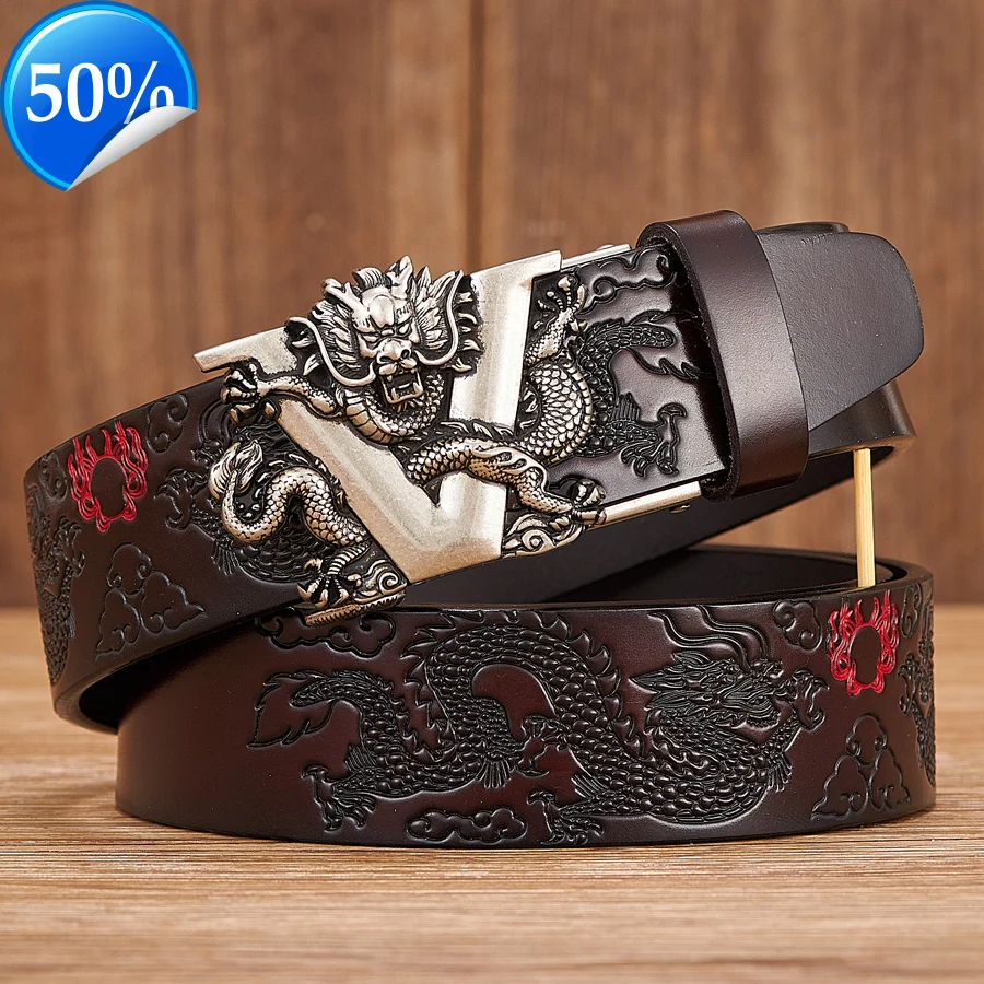3.5CM Male China Dragon Belt Cowskin Genuine Leather Belt for Men Carving Pattern V Automatic Buckle Strap For Jeans Homme