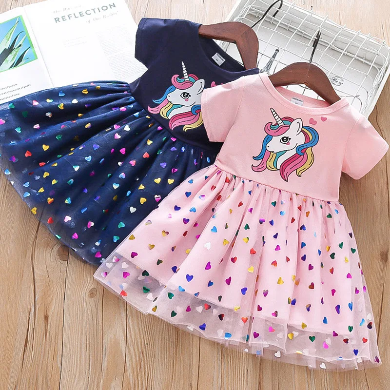 

2022 Summer Girls Dress Cotton Cartoon Kids Splicing Mesh Party Princess Dresses for 2-6 Years Girls Birthday Clothes Vestidos
