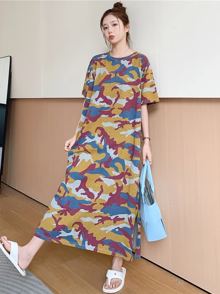 

Женское платье-рубашка с коротким рукавом, Свободное длинное платье в Корейском стиле с камуфляжным принтом, лето 2023