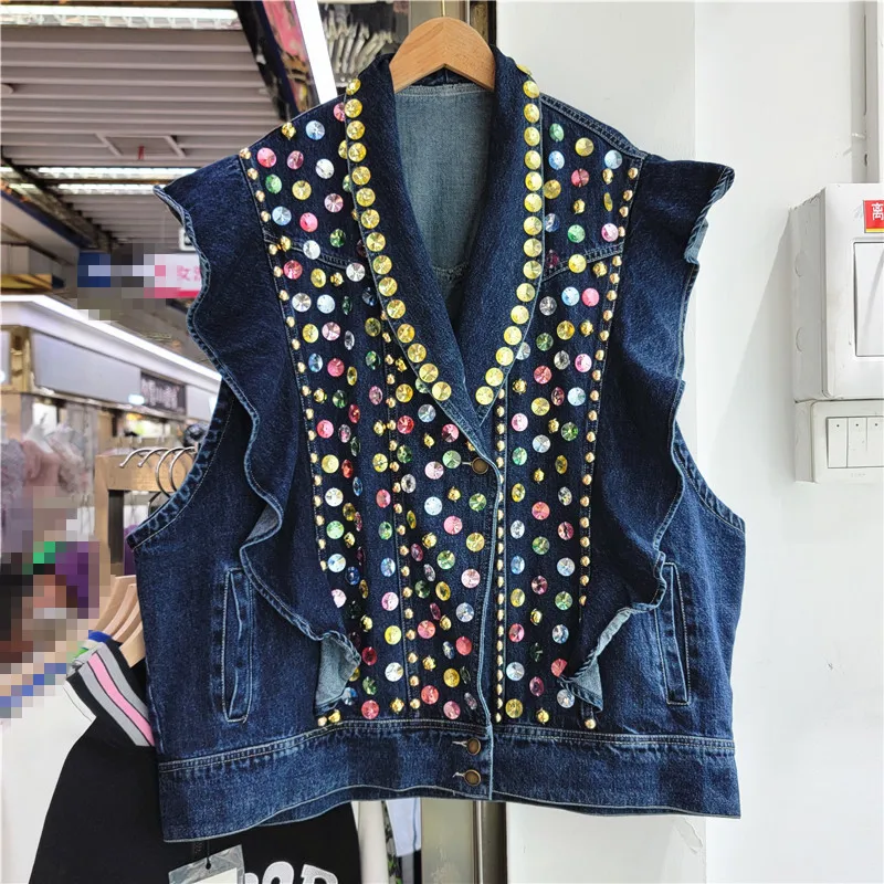 

2022 Spring New Heavy Industry Rivet Color Gem Denim Vest Coat Women Elegant Ruffled V-neck Sleeveless Jean Waistcoat Jacket top