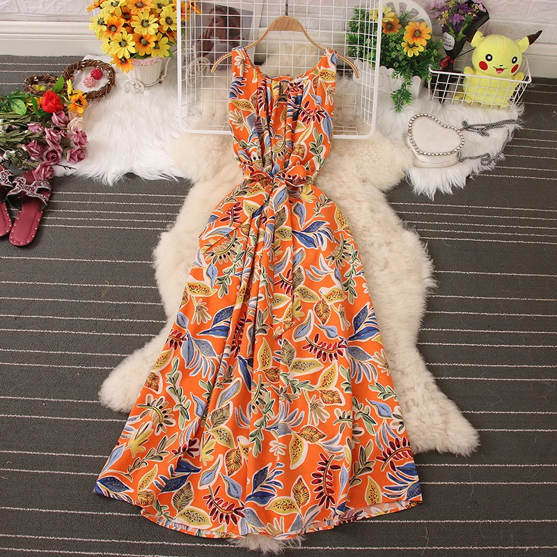 

Bohemian Floral Printed Holiday Beach Dress Woman Y2K Lace Up O Neck Sleeveless Pleated Midi Dresses Women Clothing Dropshipping