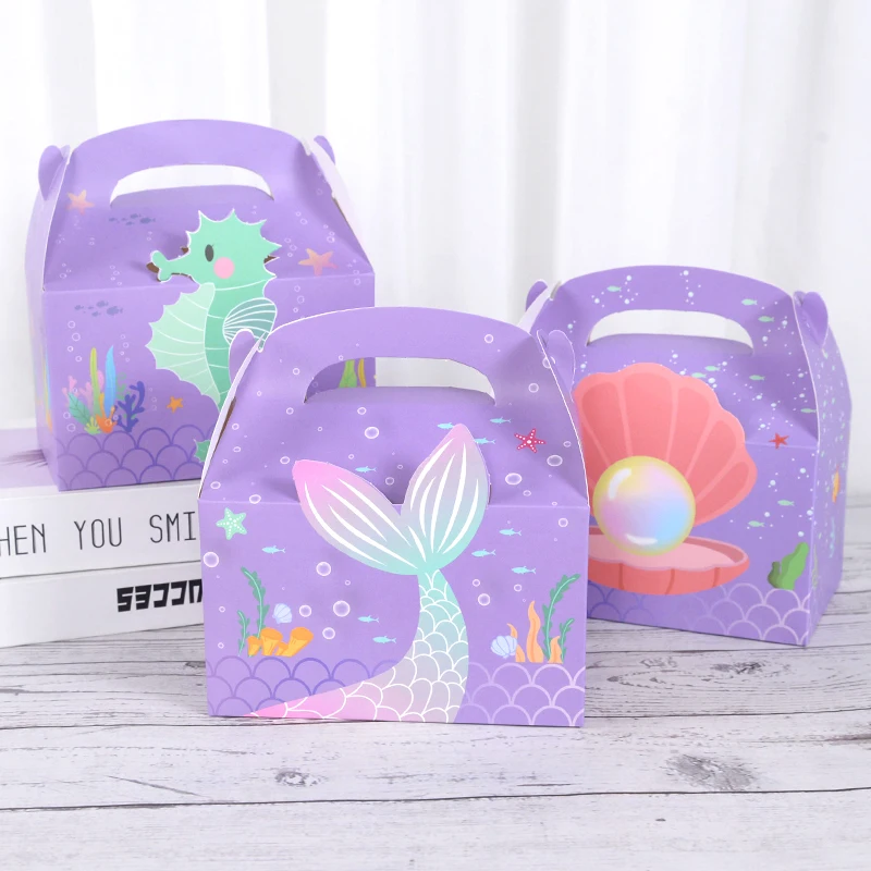 

3pcs Mermaid Tail Paper Gift Box Portable Candy Cookie Packaging Box Little Mermaid Theme Birthday Party Decoration Supplies