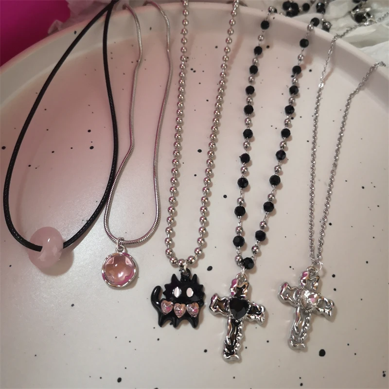 Милое ожерелье с черным котом черно-розовым крестом и бисером для женщин девочек