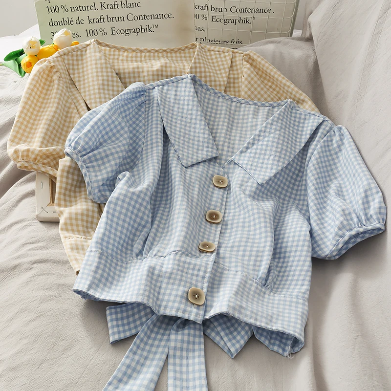 

Шикарные Модные женские корейские клетчатые полосатые рубашки Hikigawa с бантом и пышными короткими рукавами летние универсальные приталенные укороченные топы на пуговицах для женщин