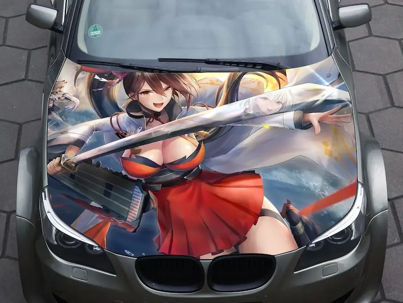 

Car hood wrap decal, katana girl, anime, sword, vinyl, sticker, graphic, truck decal, truck graphic, bonnet decal