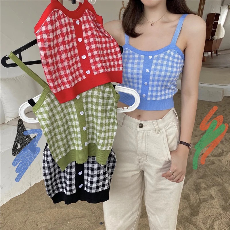 

Fashion Vintage Plaid Knitted Short Style Small Vest Slim Inside Take Leggings Sleeveless Top Outside Wear Small Crop Suspender