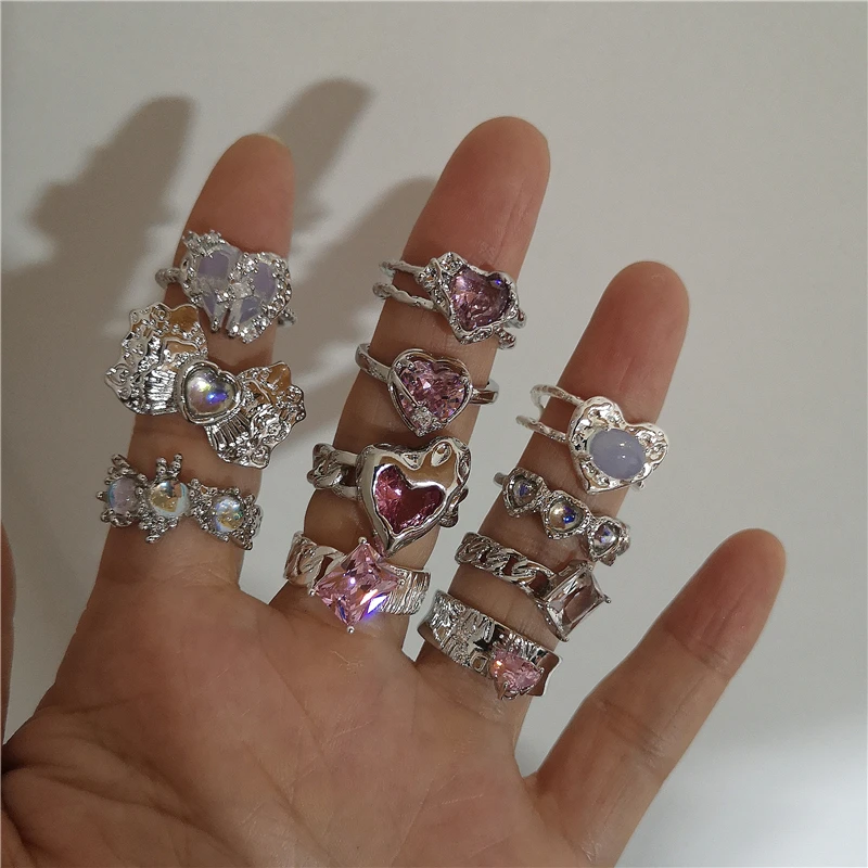 2022 Kpop Goth Luxury Vintage Эстетические розовые драгоценные камни LOVE Heart Открытое кольцо