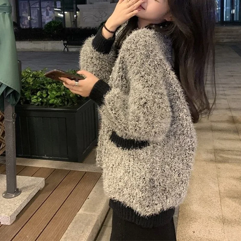 Женский однотонный кардиган с V-образным вырезом длинным рукавом