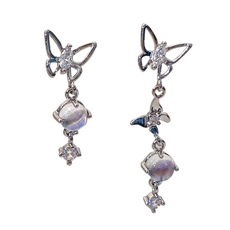 

Delicate Zircon Moonstone Asymmetric Tassel Drop Earrings For Women Korean Elegant Silver Color Earring Wedding Jewelry 264E
