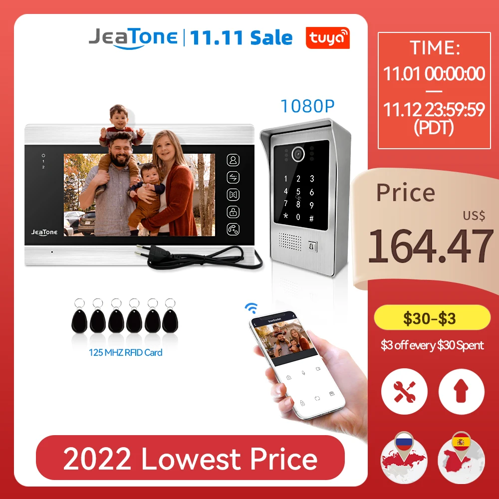 Продажа JeaTone 1080P Tuya Video Doorbell Video Intercom Кодовая клавиатура для дома с RFID-картой, обнаружением движения и камерой ночного видения