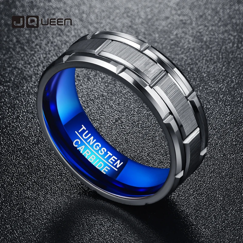 

JQUEEN T062R Unique Engagement Ring Combination Ring Hole Blue 8MM Wide Tungsten Steel Ring Size 7-12 Good Quality
