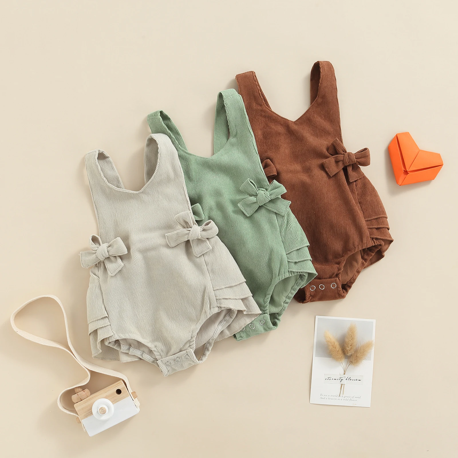 

Baby Romper Infant Boy Girl Solid Color Ruffle Sleeveless Backless Bandage Corduroy Bodysuit