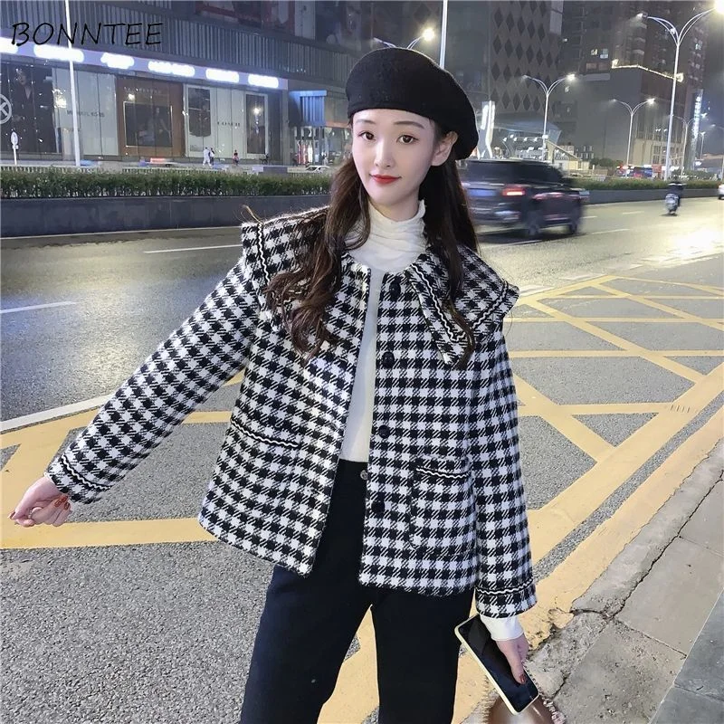 

Blends Women Plaid Retro Japanese Style Thicken Fashion Streetwear Preppy Slim Femme All-match Harajuku Cozy Daily Mujer Outwear