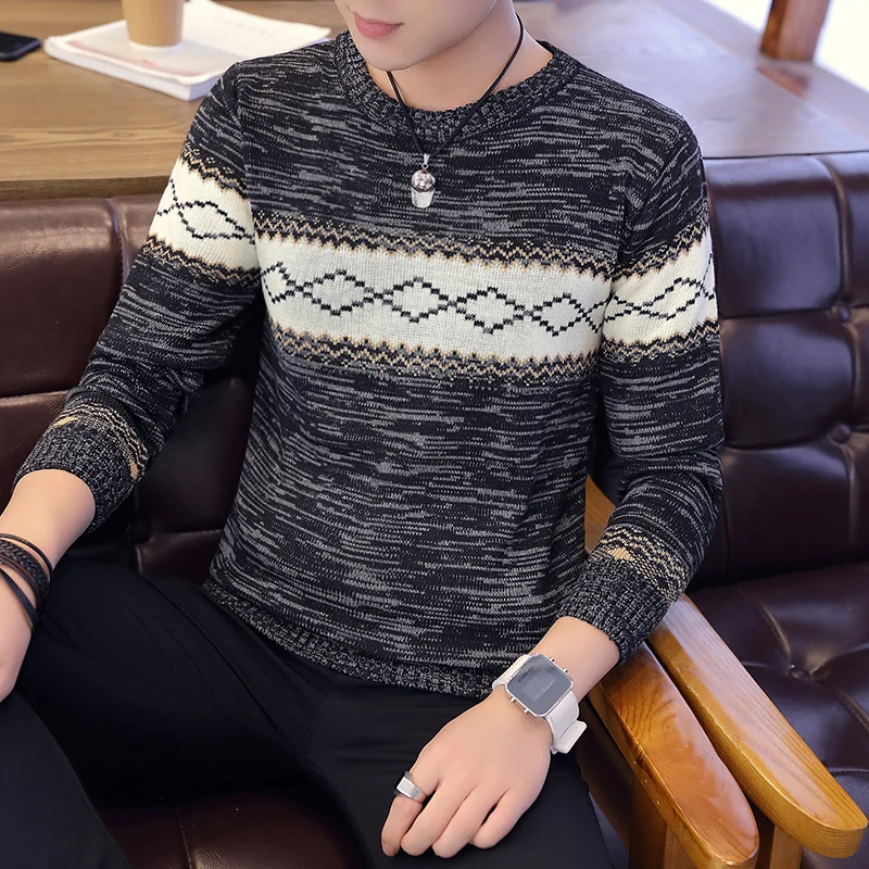 

2023 Men's Spring and Autumn Thin Elastic Crew Neck Pullover Personality Stripe Colorblock Fashion British Style Sweater