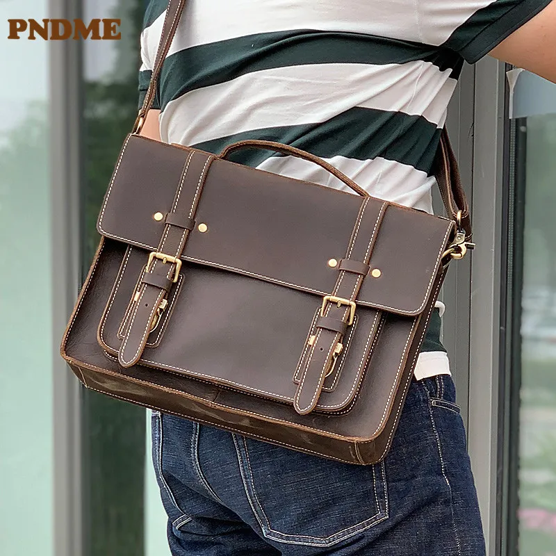 PNDME vintage crazy horse cowhide men's briefcase business travel natural genuine leather designer work laptop messenger bag