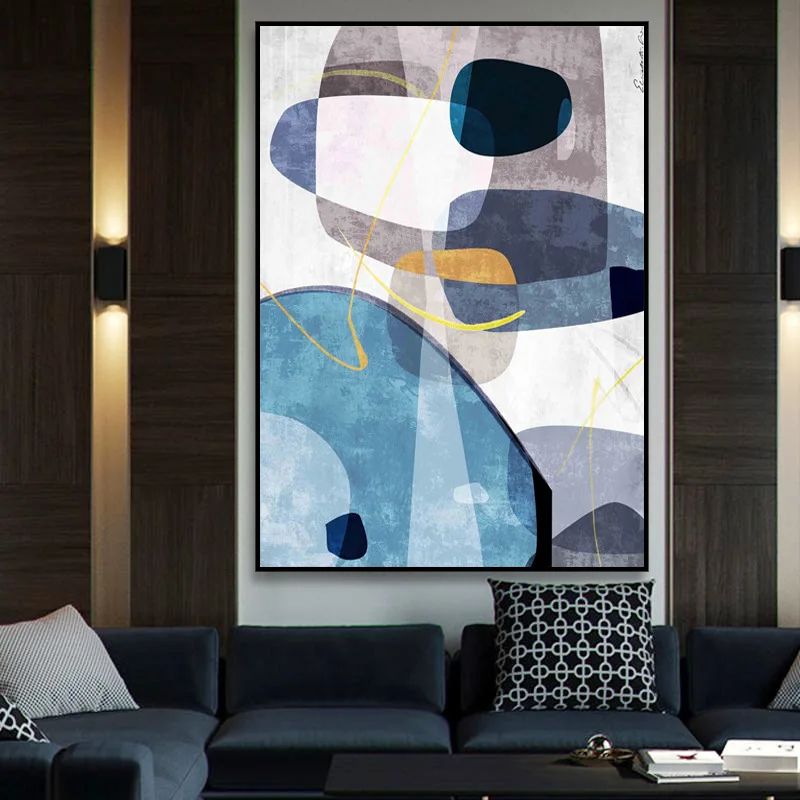 

Художественная настенная живопись, золотые, синие абстрактные, ручная роспись маслом, геометрические формы, современное искусство, альтернатива красочным темным цветам для гостиной