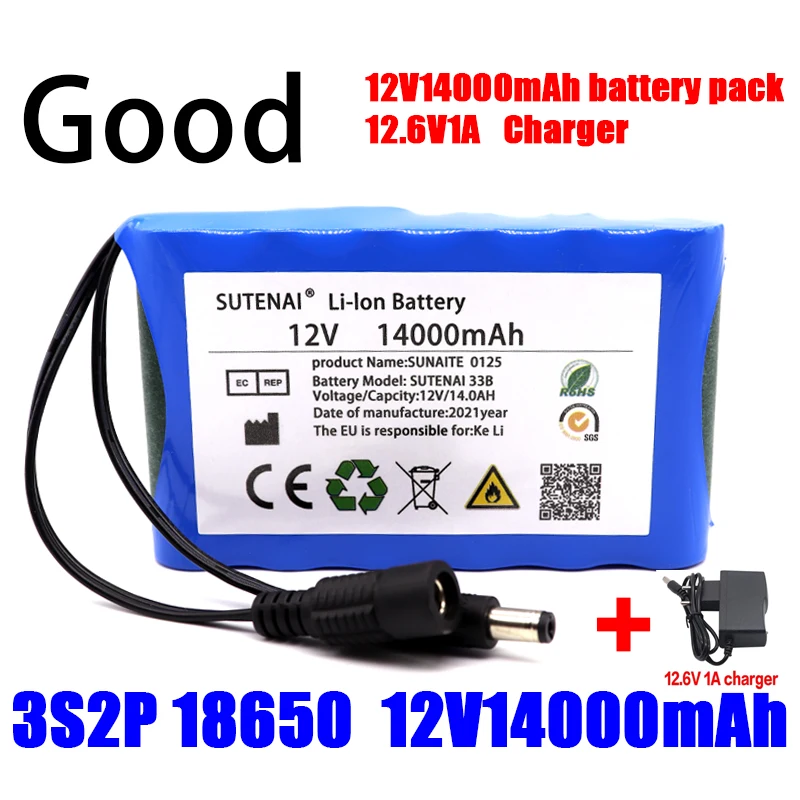 SUTENAI Portable Super 18650 Rechargeable Lithium Ion battery pack capacity DC 12 V 14000 Mah CCTV Cam Monitor +12.6V 1A Charger