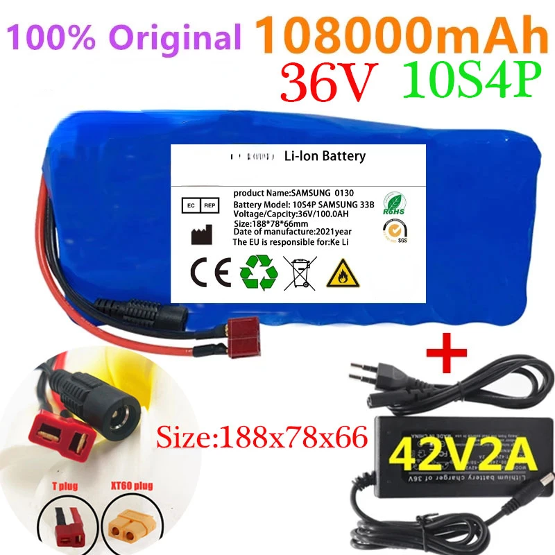 

36V Battery Pack Electric Bicycle Scooter 18650 Li-Ion Rechargeable 10S4P 108A 780W BMS Batteries Function Overcharge Protection
