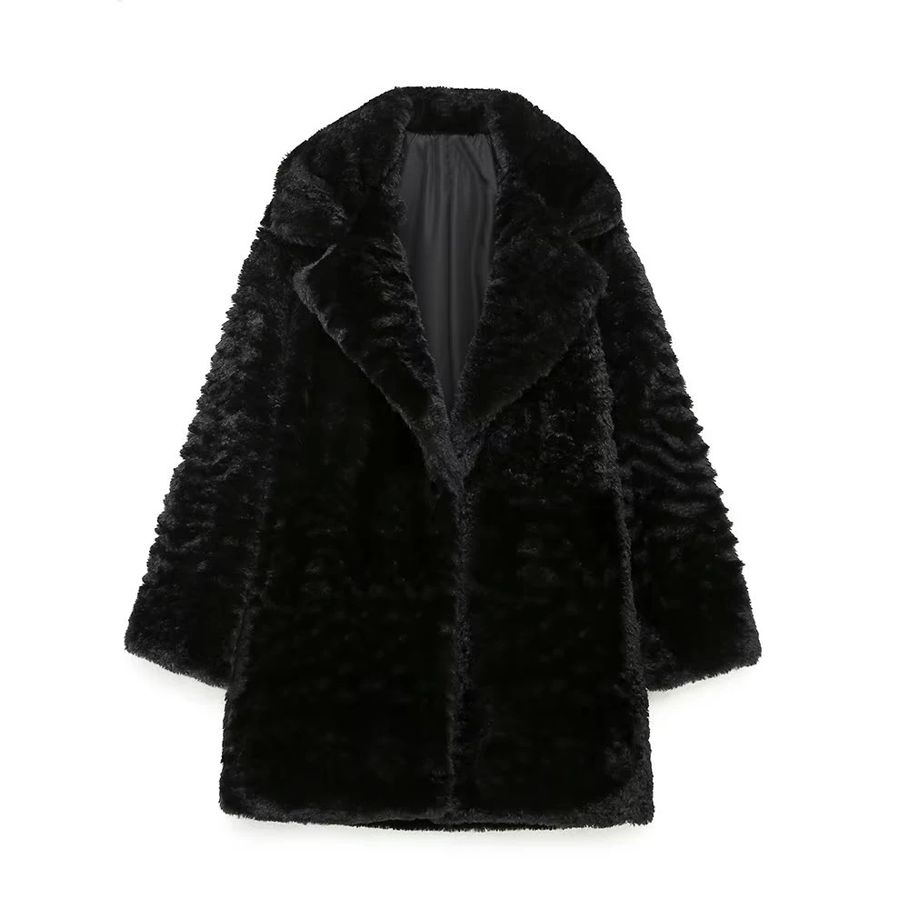 PB&ZA Winter Coat for Women 2022 Faux Fur Jackets Causal Mid-length Black Fleece Warm Female Overcoat Loose Outerwear 6318248
