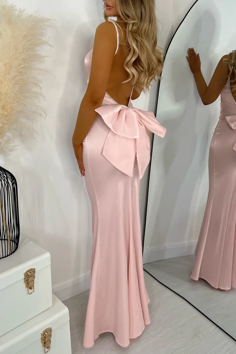 Elegant Backless Bow Satin Dress Spaghetti Strap Party Cocktail Wedding Guest Pink Long for Women Slim Bodycon Sexy