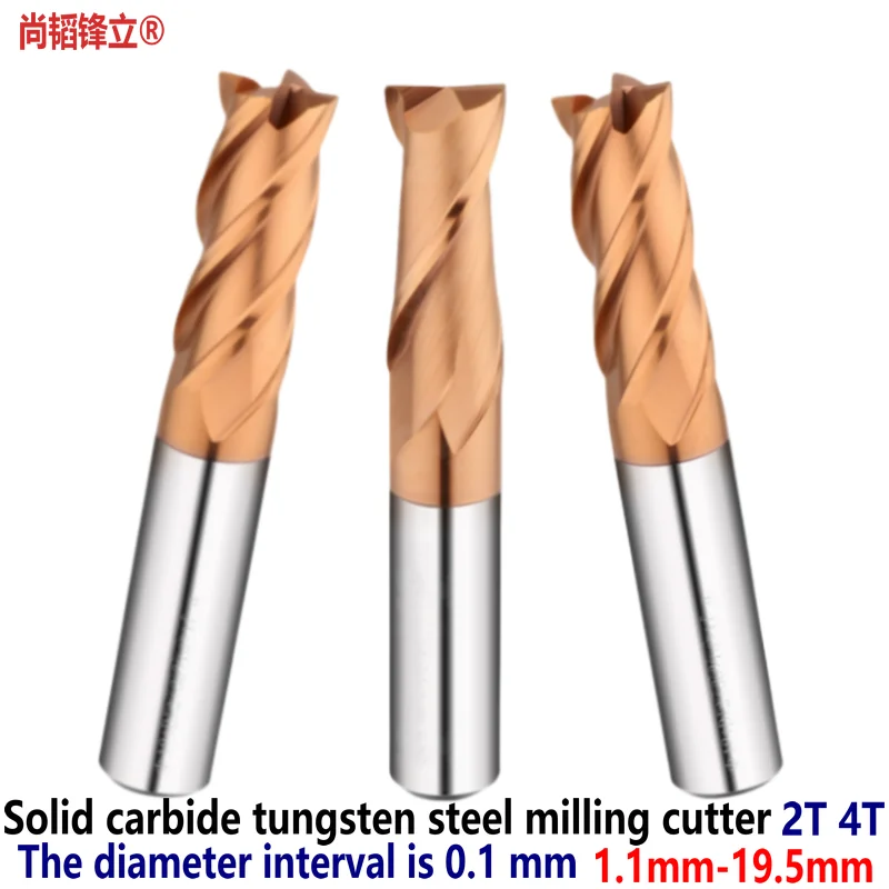 

Solid Carbide Tungsten Steel Flat End Milling Cutter 1.2 3.9 4.6 6.2 9.7 10.8 16 19.5mm 2T 4T Bronze Coating CNC Processed Steel