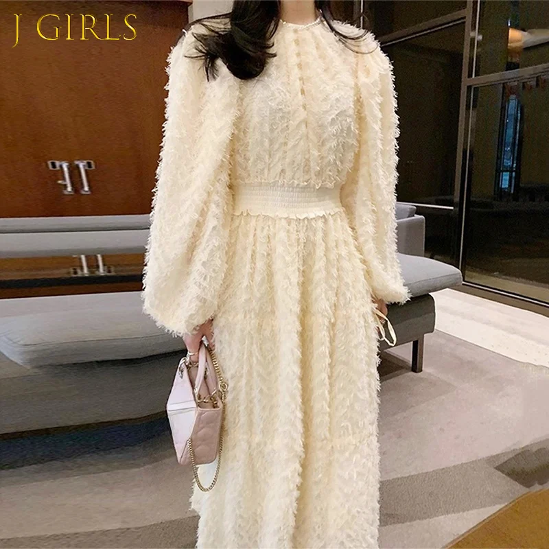 

Шикарные осенне-зимние платья J GIRLS в Корейском стиле, новые платья с круглым вырезом и пышными рукавами, женские платья-трапеции