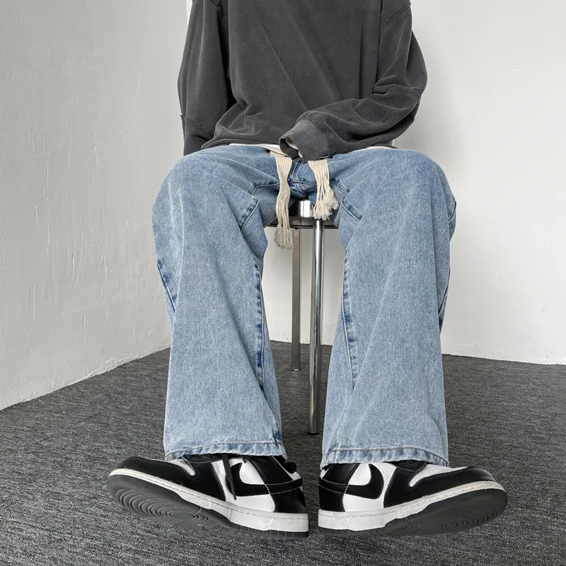 Blue Grey Baggy Jeans Men Fashion Vintage Drawstring Jeans Men Streetwear Hip-hop Loose Straight Denim Pants Mens Trousers M-2XL