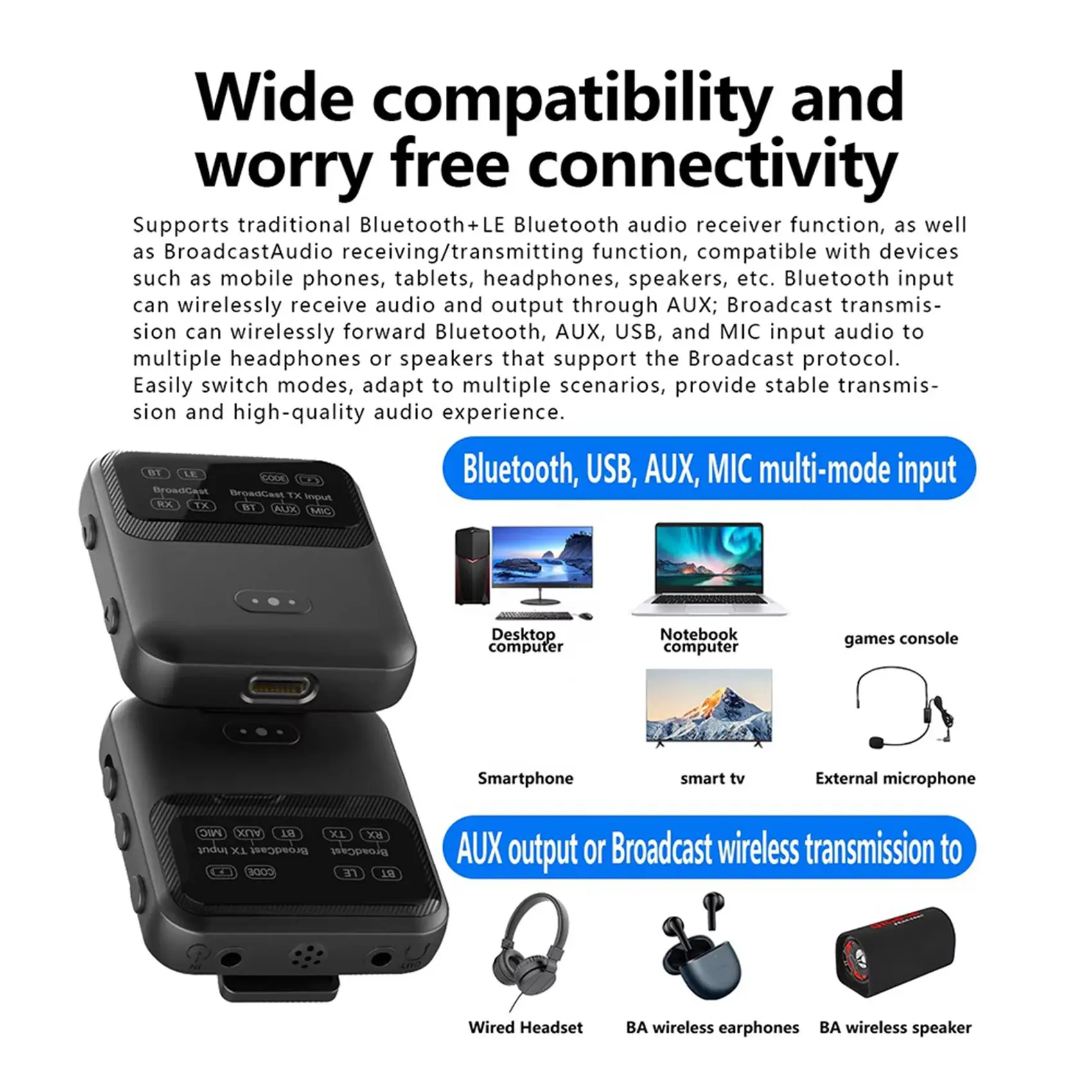Фото 【ДЕНЬ БЛАГОДАРЕНЬЯ】2X Bluetooth 5.4 аудиоприемник-передатчик Aptx-LL/HD/AD LC3 Auracast LE, аудиоадаптер, беспроводной стерео-аудиоадаптер для музыки №3