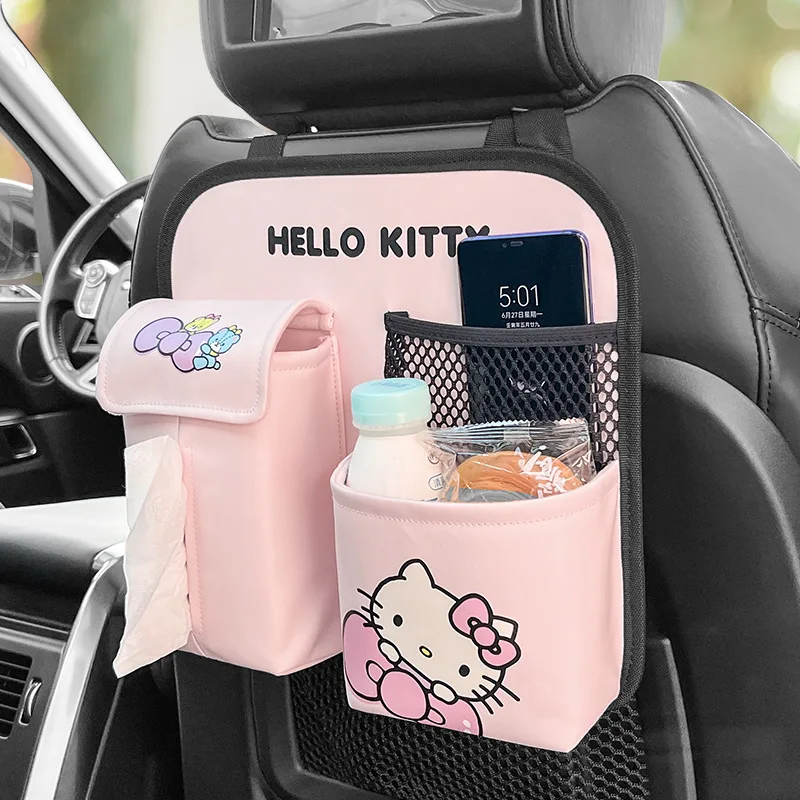 Kawaii Hello Kitty Car Seat Back Organizer Anime Multi-Pocket Bottle Holder Tissue Storage Bag Auto Interior Accessories Gifts