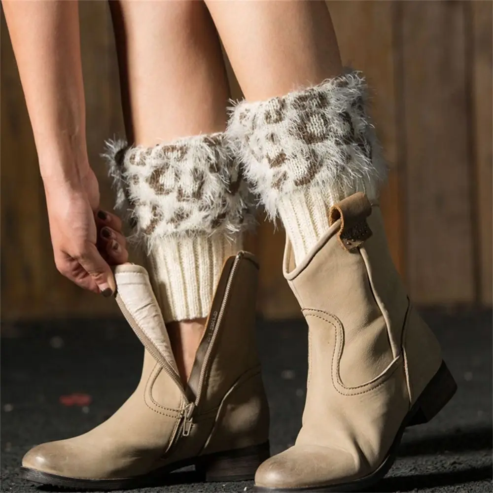 

Soft Knitted Socks Winter Warm Ankle Warmer Boot Socks Leg Warmers Fur Trim Leopard