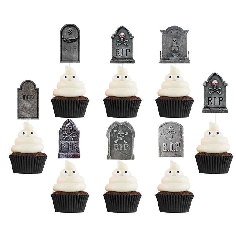 

12/24pcs Halloween Party Tombstone RIP Cupcake Toppers DIY Halloween Bar Horror Skeleton Graveyard Gravestone Cake Decor