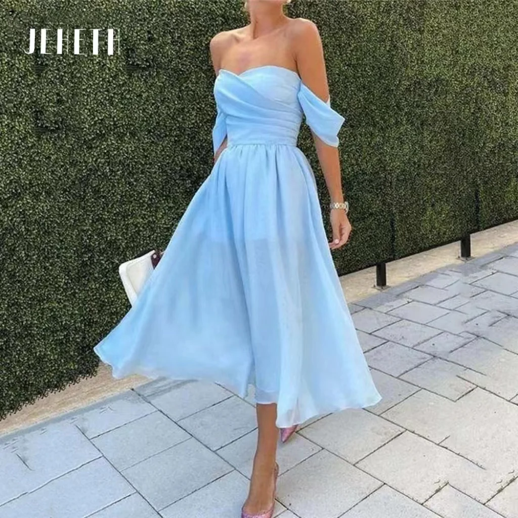 

JEHETH Blue Off The Shoulder Prom Dress Sweetheart Tea-Length A-Line Evening Dress vestidos de fiesta elegantes para mujer 2023