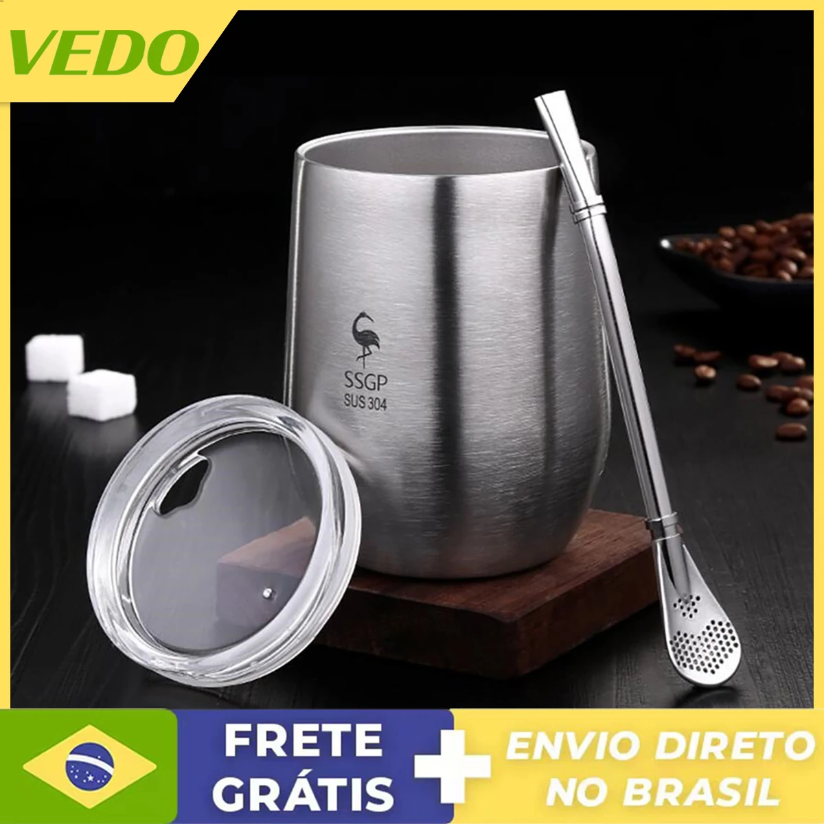 

377ml Stainless Steel Coffee Cup With Straw Spoon