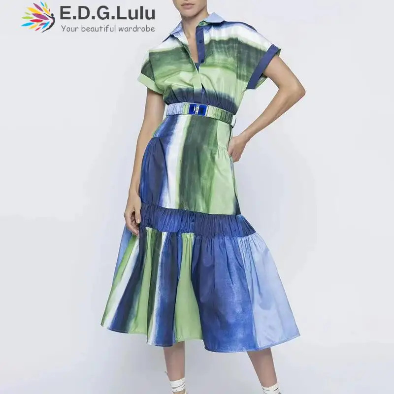 

EDGLuLu Fashion Turn-down CollarTie-dyed Long Dresses For Women 2022 Luxury Designer Casual Elegant Ruffles Dress+belt 1018