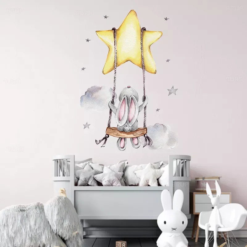 

Bunny Baby Nursery Wall Stickers Cartoon Rabbit Swing on the Stars Wall Decals for Kids Room PVC Removable Stickers PVC DIY