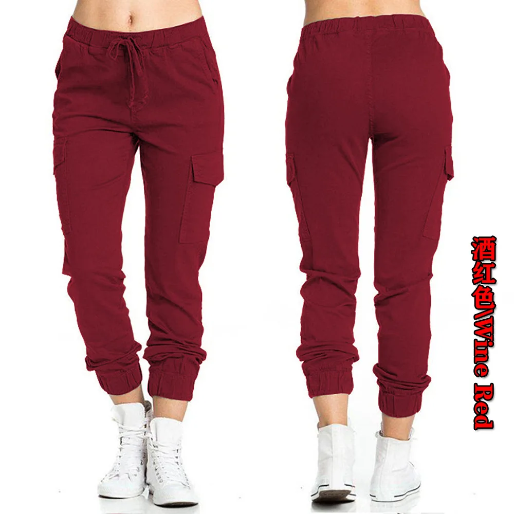 

2022 Women's New Style Women's Solid Multi bag Workwear Casual Pants Elastic Waist Tie Cord Pants Versatile Pants Women