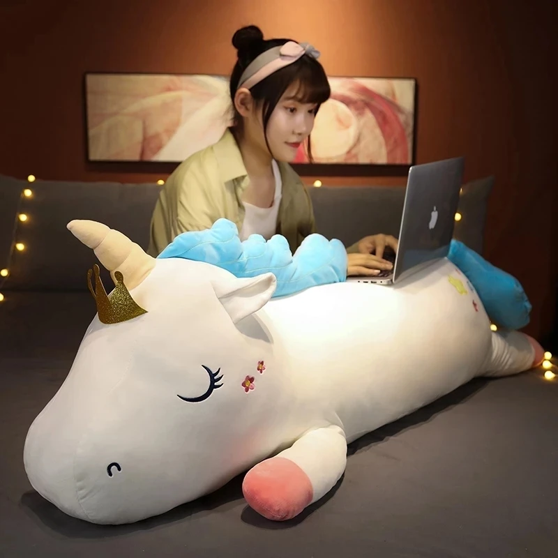 

65-100cm Giant Plush Toy Kawaii Lying Unicorn Doll Pillow Fluffy Animal Plushie Toy Long Bed Sleeping Bloster Pillow Girls Gift